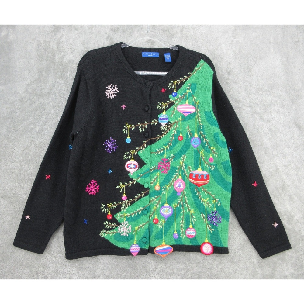 VTG Karen Scott Sweater Womens Size L Christmas Tree Cardigan Beaded Holiday New